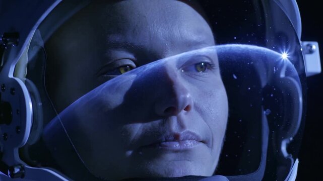 Reacting to bright curve sweeping visor, suited astronaut opening eyes and shifting gaze into space
