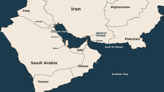 Schematic vector map of the Strait of Hormuz. Map of the Persian Gulf region showing the countries of Iran, Iraq, Kuwait, Saudi Arabia, UAE, Oman, Bahrain, Qatar, Yemen, Afghanistan, and Pakistan.