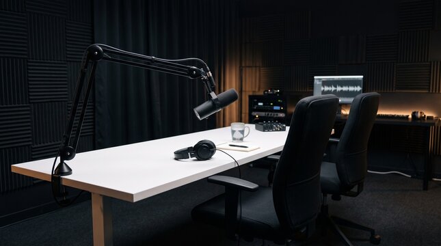 A professional podcast recording studio setup with a microphone on a boom arm, headphones, and a glass of water on a white desk, surrounded by acoustic panels.