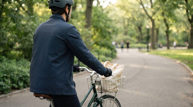 Person cycling through a beautiful park, carrying purchases in a basket, enjoying an active outdoor lifestyle