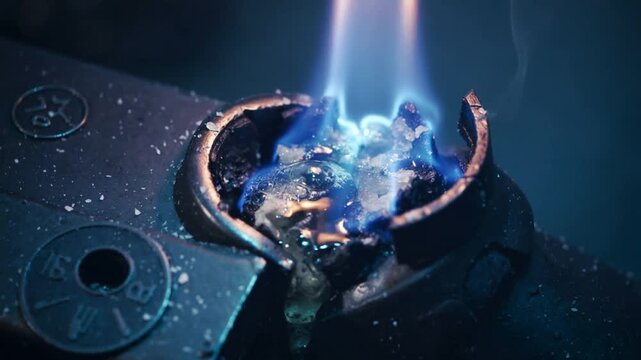 Heating metal clamp cup, sustained blue torch flame melting solder at workbench for brazing