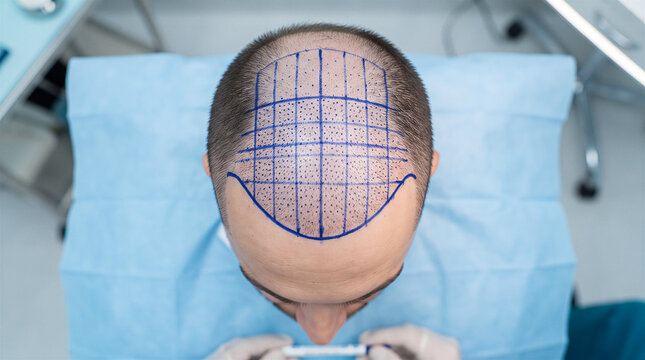 Top view of man head with blue surgical markings for hair transplant procedure, medical clinic setting. Hair restoration, cosmetic surgery, dermatology, medical treatment.