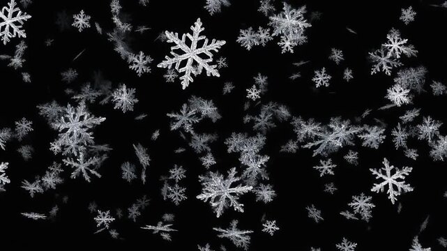 Realistic falling snowflakes animation on a black background loop video footage