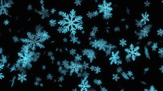 Blue glowing snowflakes falling down against a black background video loop