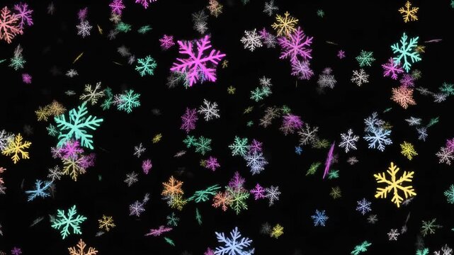 Colorful glowing snowflakes falling down against a dark background in loop
