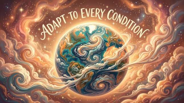 Adapt to Every Condition Inspirational Earth Illustration with Swirling Clouds and Cosmic Energy