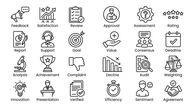 Professional feedback and evaluation icons collection depicting business performance assessment growth management tools for corporate strategy planning.
