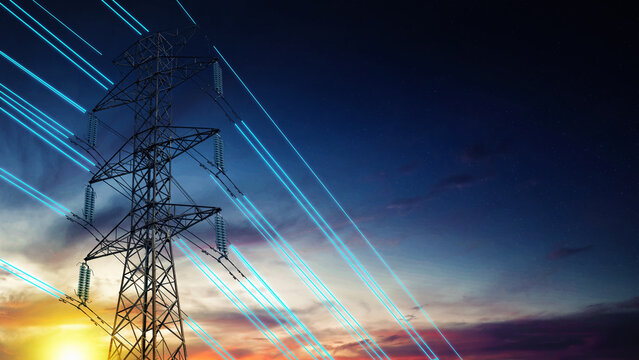 High-voltage power pylon with glowing blue digital light beams representing electricity transmission against a twilight sky. Concept of the electricity energy industry