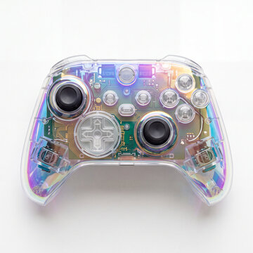 Transparent cyberpunk game controller showing circuit board with holographic sheen top view