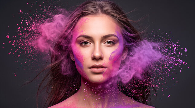 Portrait of young woman with pink powder explosion on face, dark background, dramatic lighting. Beauty, fashion, cosmetics, art photography.