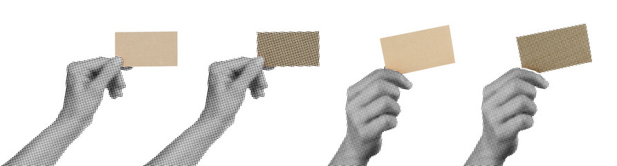Set of Hand holding a blank kraft business card isolated on transparent background with vintage...
