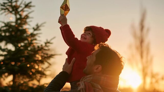 Father and Son Decorating Outdoor Christmas Tree During Golden Hour Video.