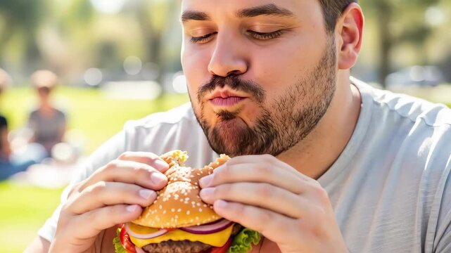 Close-up of a man taking a slow bite of a large hamburger outdoors. Eating a cheeseburger with fresh vegetables in a sunny park