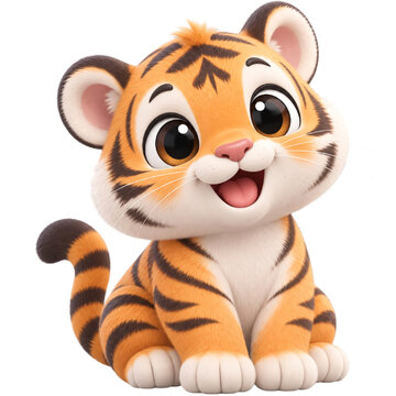 Cute 3D isometric tiger cub character, Pixar style tiger asset, white background