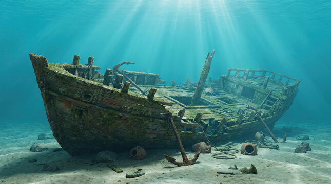 Ancient wooden shipwreck underwater with anchor and pottery