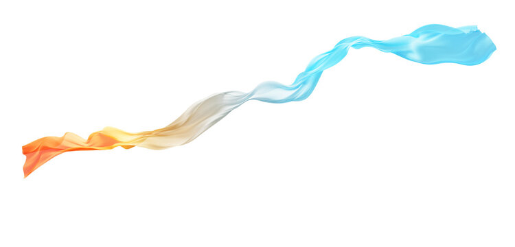 Abstract flowing sheer fabric with orange and blue ombre color gradient waving cloth isolated on transparent background summer tropical concept design element 3D render