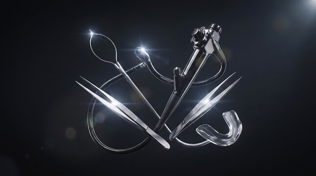 Medical endoscopy equipment including gastroscope and surgical tools floating in dark space with bright highlights. Gastroenterology, diagnostic medicine, healthcare technology.