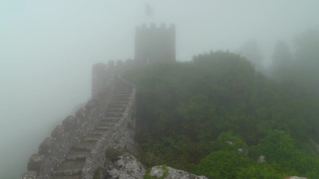 Ancient castle wall extends into dense fog mysterious forest environment surrounding historic stone structure.