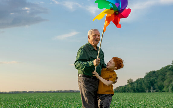 Grandfather and grandson play with a pinwheel in a field