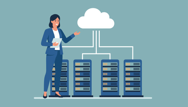 Professional businesswoman presenting a digital cloud server database system with network connections on a blue background.
