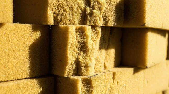 Yellow polyurethane foam sponge blocks stacked together close up