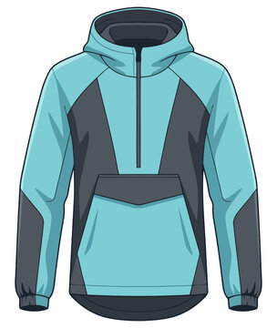 Blue and grey hooded windbreaker jacket flat lay apparel design template