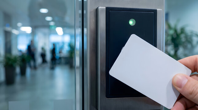 Close-up of a hand holding a white blank RFID key card to scan at a modern office glass door entrance sensor with a glowing green light indicator for secure building access control and workplace 