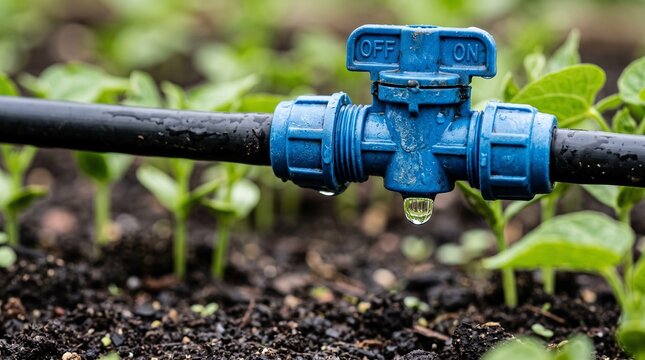 Blue plastic valve on a black irrigation pipe with a water drop dripping into soil.