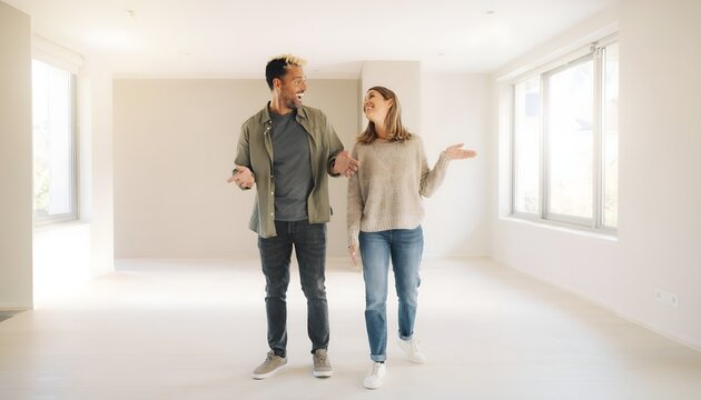 Hombre y mujer caminando y conversando en una habitaci&oacute;n vac&iacute;a y luminosa con grandes ventanas