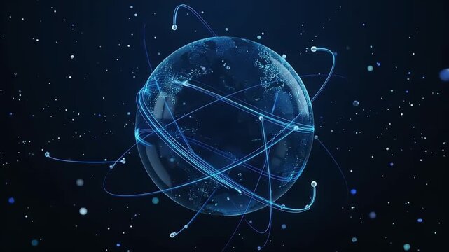 Digital globe rotating smoothly with interconnected light trails representing global communication networks.