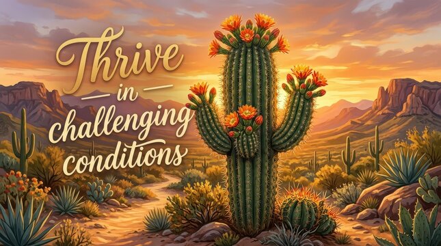 Blooming Saguaro Cactus in Desert Landscape with Inspirational Thrive in Challenging Conditions Text
