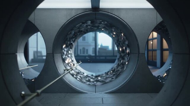 Probing metal rod igniting rotating torus inside concrete chamber, sending golden sparks outward