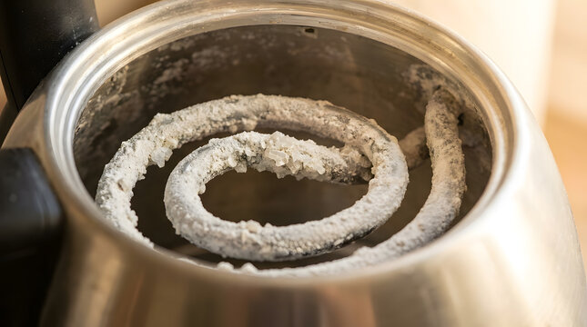 Close up view of severe white limescale buildup on the spiral heating element inside a stainless steel electric kettle, showing hard water mineral deposits and damage requiring urgent descaling