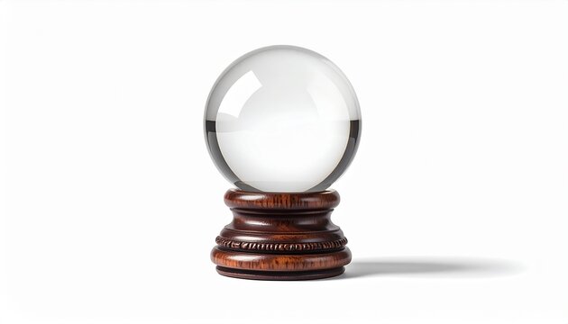 Transparent crystal sphere on a tiered dark wooden pedestal against white background, concept of prediction and mystical vision