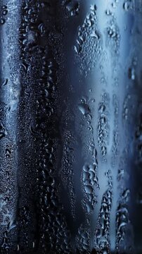 Vertical video close-up of cold condensation water drops dripping on dark blue background