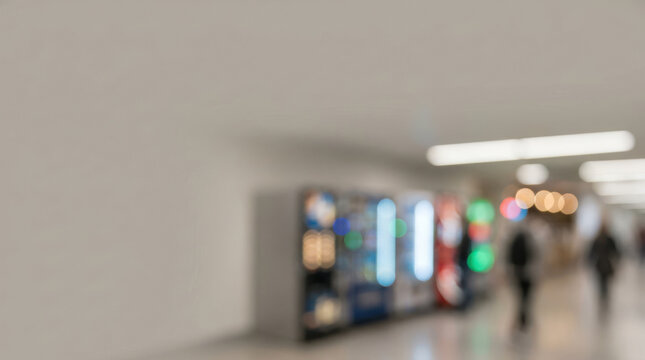 People walking in corridor with vending machines and bright lights creating busy indoor atmosphere