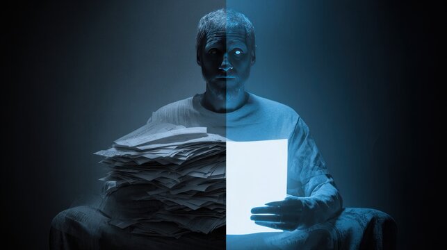 Man overwhelmed by paperwork digital divide