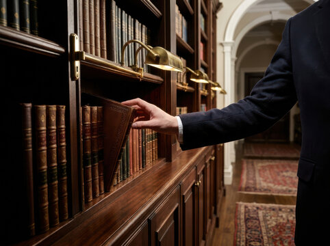 Man hand reaching old book on wooden bookshelf in classic library hallway with carpet