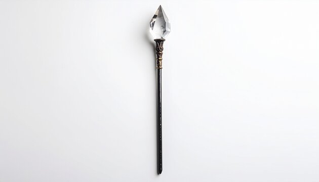 Clear quartz crystal wand magic staff isolated on white background healing energy spiritual tool vertical stick rod amulet talisman raw stone gemstone point