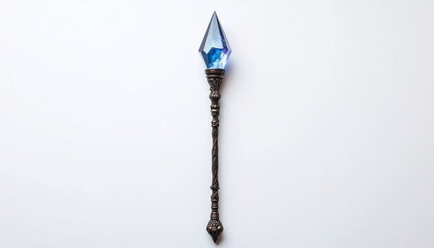 Dark fantasy wizard staff with deep blue crystal gem top isolated on white background fantasy RPG game asset and magical design element