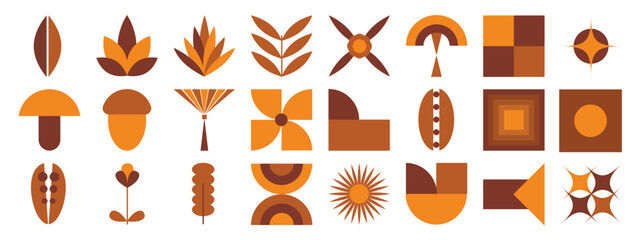 Fototapeta na wymiar Autumn geometric elements vector set. Retro mid century abstract shapes in orange, yellow and red for seasonal posters, cards, patterns and graphic design