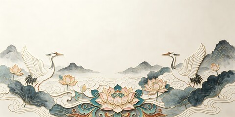 Fototapeta premium Two Cranes Lotus Lily Pads Waves Mountains Papercut Cream