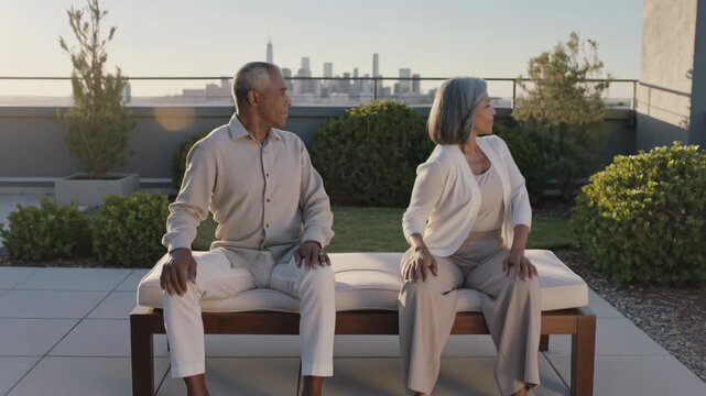 Sitting senior couple in light clothing noticing off-frame motion, turning heads on rooftop bench