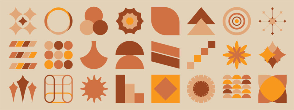 Autumn geometric elements vector set. Retro mid century abstract shapes in orange, yellow and red for seasonal posters, cards, patterns and graphic design