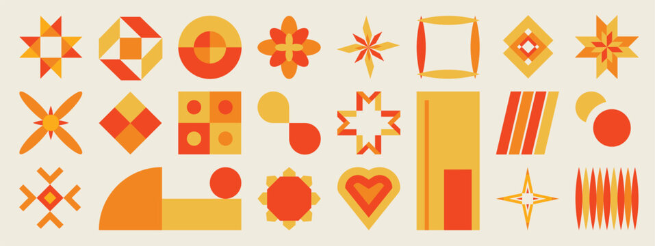 Autumn geometric elements vector set. Retro mid century abstract shapes in orange, yellow and red for seasonal posters, cards, patterns and graphic design