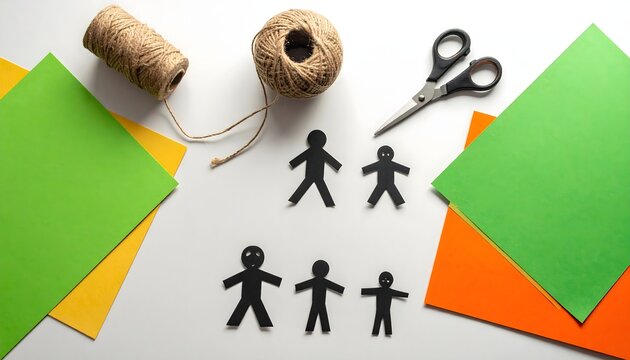 Figuras humanas de papel recortadas con tijeras, cuerda y cartulinas de colores en una composici&oacute;n de manualidades vista desde arriba
