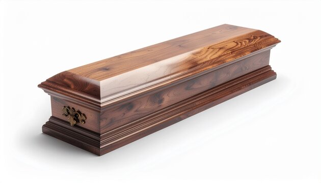 Isolated wooden coffin casket on white background, funeral concept, death and mourning symbol, traditional wooden box for burial and memorial service