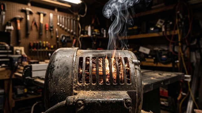 Vintage electrical heater overheating with visible fire sparks inside workshop.
