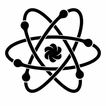 Retro atomic symbol design. Vintage physics icon with energetic flower nucleus. Classic atomic structure logo or educational concept signage in bold black silhouette.