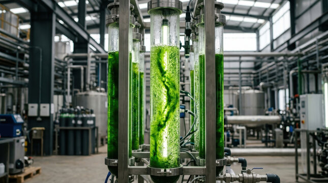 Industrial microalgae bioreactor plant producing green biofuel energy